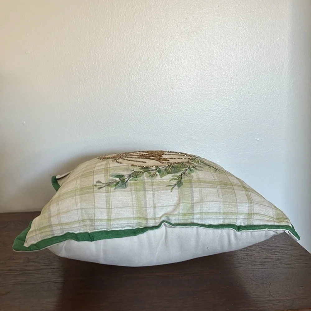 HP-NWT 16x16 Soft Green & Cream Plaid- Blessed Beaded Pumpkin Decorative Pillow